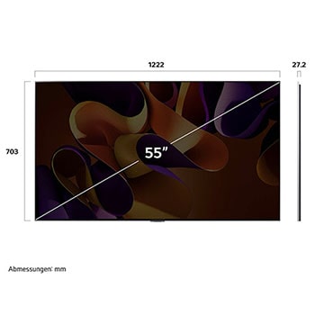 Abmessungen des LG OLED evo AI G4 4K Smart Wand-TVs: 1222 x 703 x 27,2 mm mit 55 Zoll Bildschirm