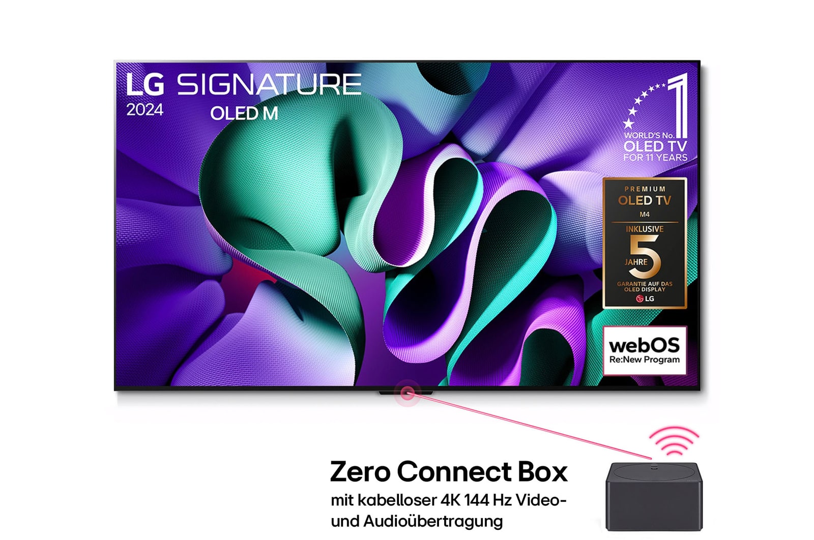 Frontansicht des LG Signature OLED M4 True Wireless TV Fernsehers mit Produktlogos und angeschlossener Zero Connect Box mit kabelloser 4K 144Hz Übertragung.
