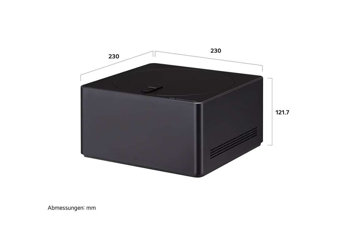 Maßgrafik der Zero Connect Box für den LG Signature OLED M4 True Wireless TV Fernseher mit Breite, Höhe und Tiefe in mm.