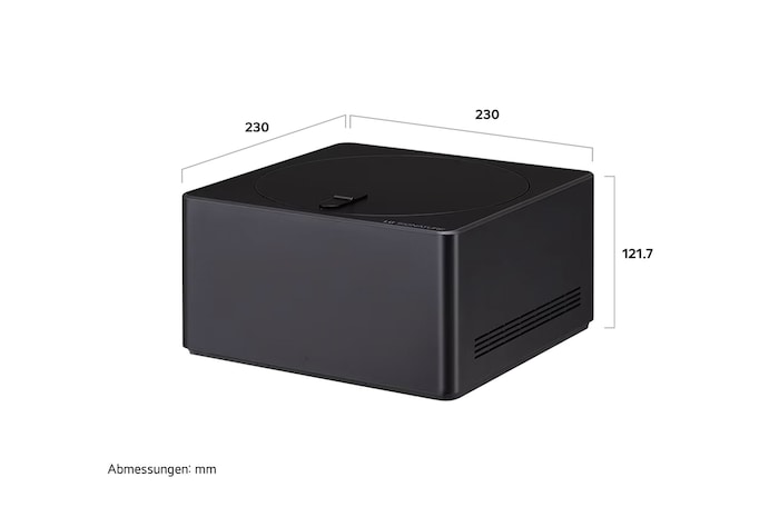 Maßgrafik der Zero Connect Box für den LG Signature OLED M4 True Wireless TV Fernseher mit Breite, Höhe und Tiefe in mm.