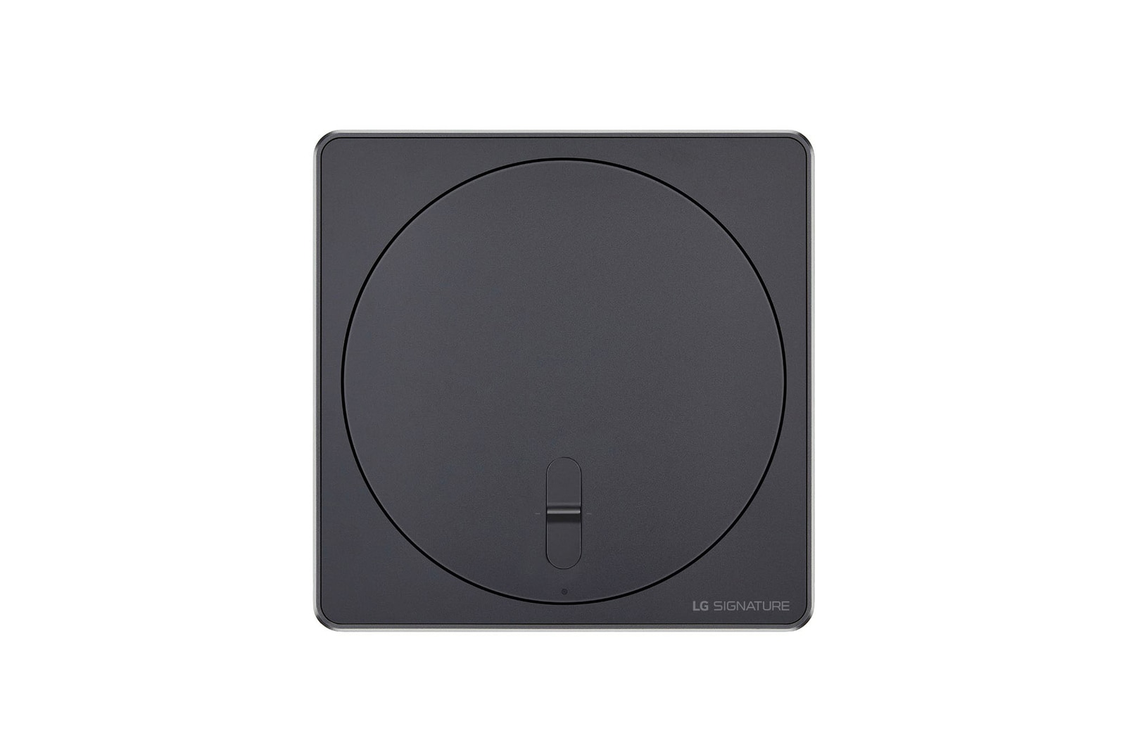 Draufsicht auf die Zero Connect Box für den LG Signature OLED M4 True Wireless TV Fernseher mit kreisförmigem Oberflächendesign.