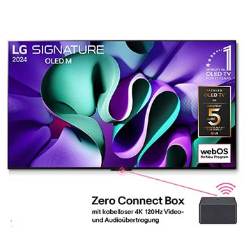 Frontansicht des LG Signature OLED M4 True Wireless TV Fernsehers mit Produktlogos und angeschlossener Zero Connect Box mit kabelloser 4K 144Hz Übertragung.