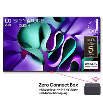 Frontansicht des LG Signature OLED M4 True Wireless TV Fernsehers mit Produktlogos und angeschlossener Zero Connect Box mit kabelloser 4K 144Hz Übertragung.