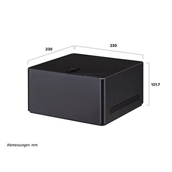 Maßgrafik der Zero Connect Box für den LG Signature OLED M4 True Wireless TV Fernseher mit Breite, Höhe und Tiefe in mm.