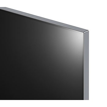 Nahaufnahme der oberen linken Ecke des LG Signature OLED M4 True Wireless TV Fernsehers mit Metallrahmendesign.