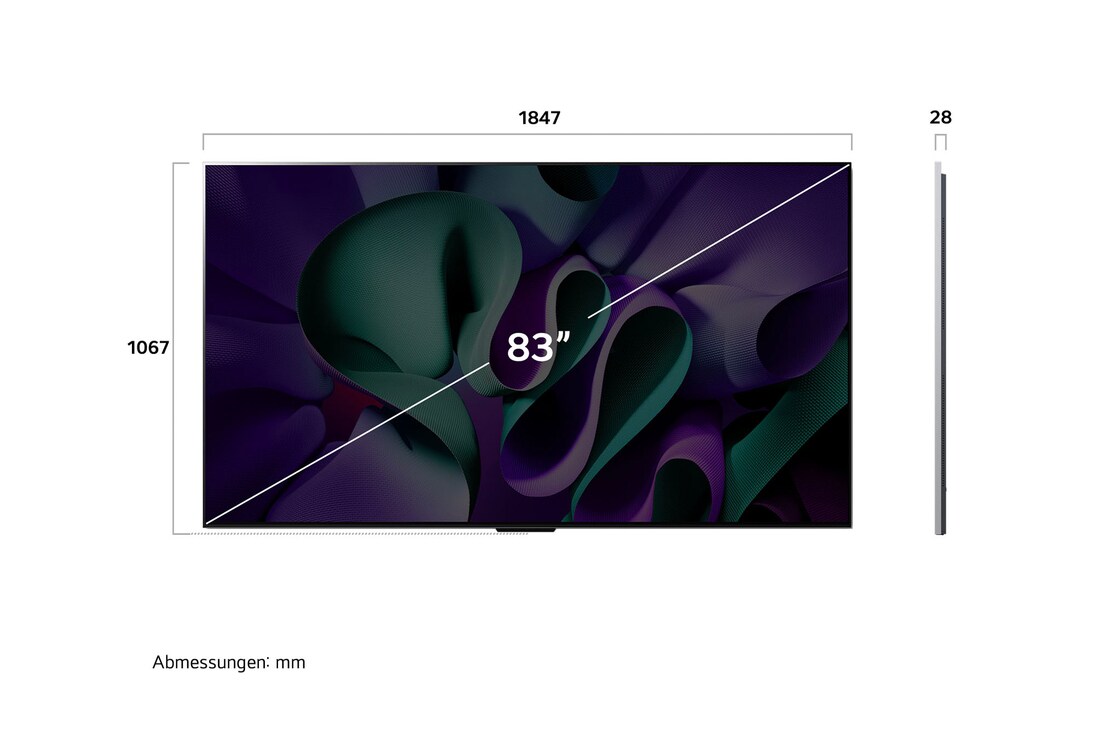 Maßgrafik des LG Signature OLED M4 True Wireless TV Fernsehers mit Breite, Höhe und Profiltiefe in mm.