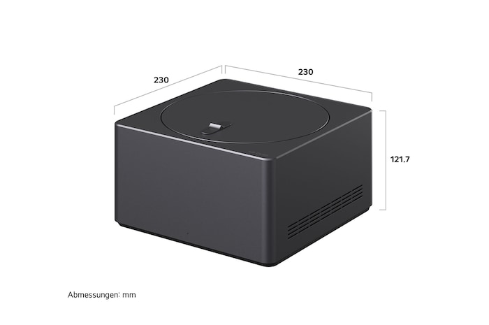 Maßgrafik der Zero Connect Box für den LG OLED evo AI M4 4K Smart TV Fernseher mit Breite, Höhe und Tiefe in mm.