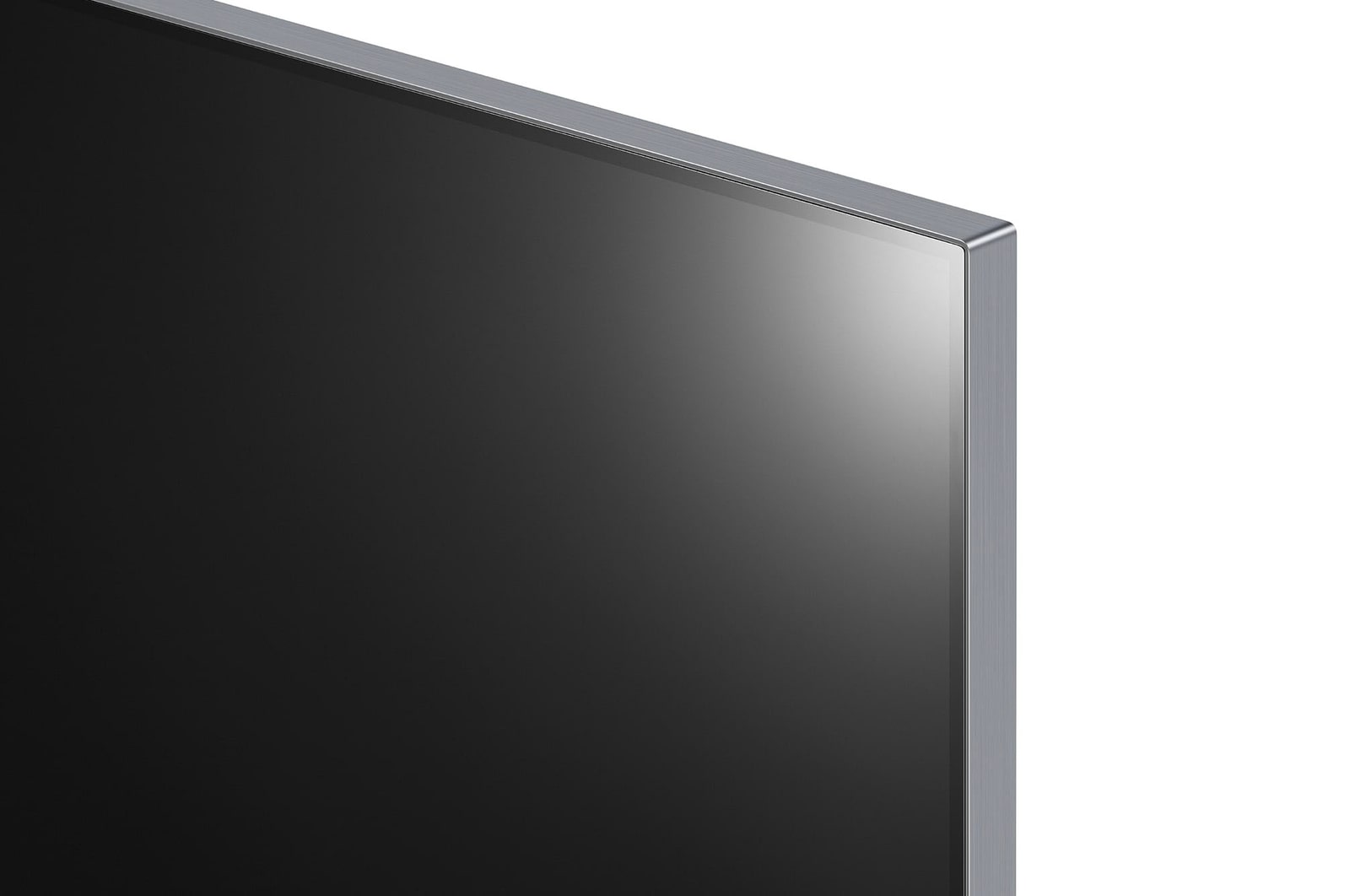 Nahaufnahme der oberen linken Ecke des LG OLED evo AI M4 4K Smart TV Fernsehers mit Metallrahmendesign.
