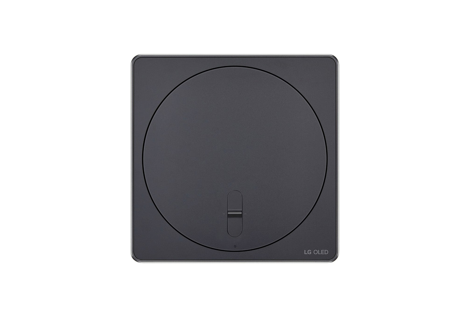 Draufsicht auf die Zero Connect Box für den LG OLED evo AI M4 4K Smart TV Fernseher mit kreisförmigem Oberflächendesign.