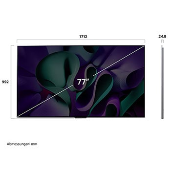 Maßgrafik des LG OLED evo AI M4 4K Smart TV Fernsehers mit Breite, Höhe und Profiltiefe in mm.