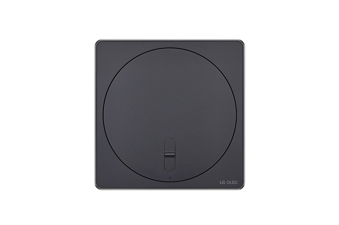 Draufsicht auf die Zero Connect Box für den LG OLED evo AI M4 4K Smart TV Fernseher mit kreisförmigem Oberflächendesign.