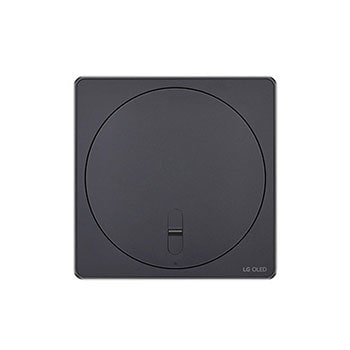 Draufsicht auf die Zero Connect Box für den LG OLED evo AI M4 4K Smart TV Fernseher mit kreisförmigem Oberflächendesign.