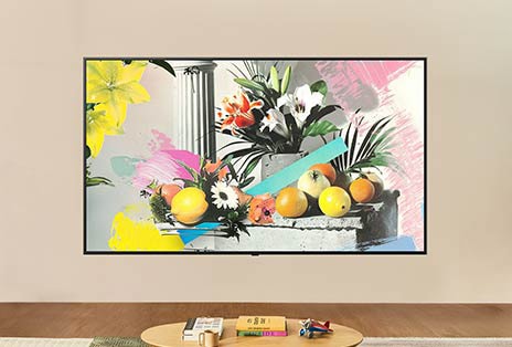 In einem hellen, gut beleuchteten Raum zeigt der Bildschirm des LG TV ein ebenso helles Artwork, das zeigt, wie die Bildschirmhelligkeit für die Betrachtung in jedem Licht optimiert ist.