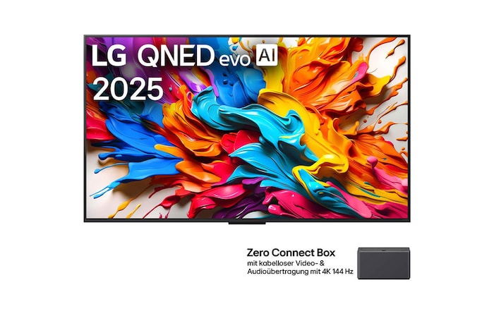 Ansicht der Vorderseite des LG QNED evo AI QNED9M TV. LG QNED evo AI-Logo in der oberen Ecke. LG QNED evo TV zeigt farbenfrohe, malerische Texturen, die zusammenkommen. Zero Connect Box in der Ecke mit dem Titel „Zero Connect Box mit drahtloser Video- und Audioübertragung in 4K mit 144Hz“.