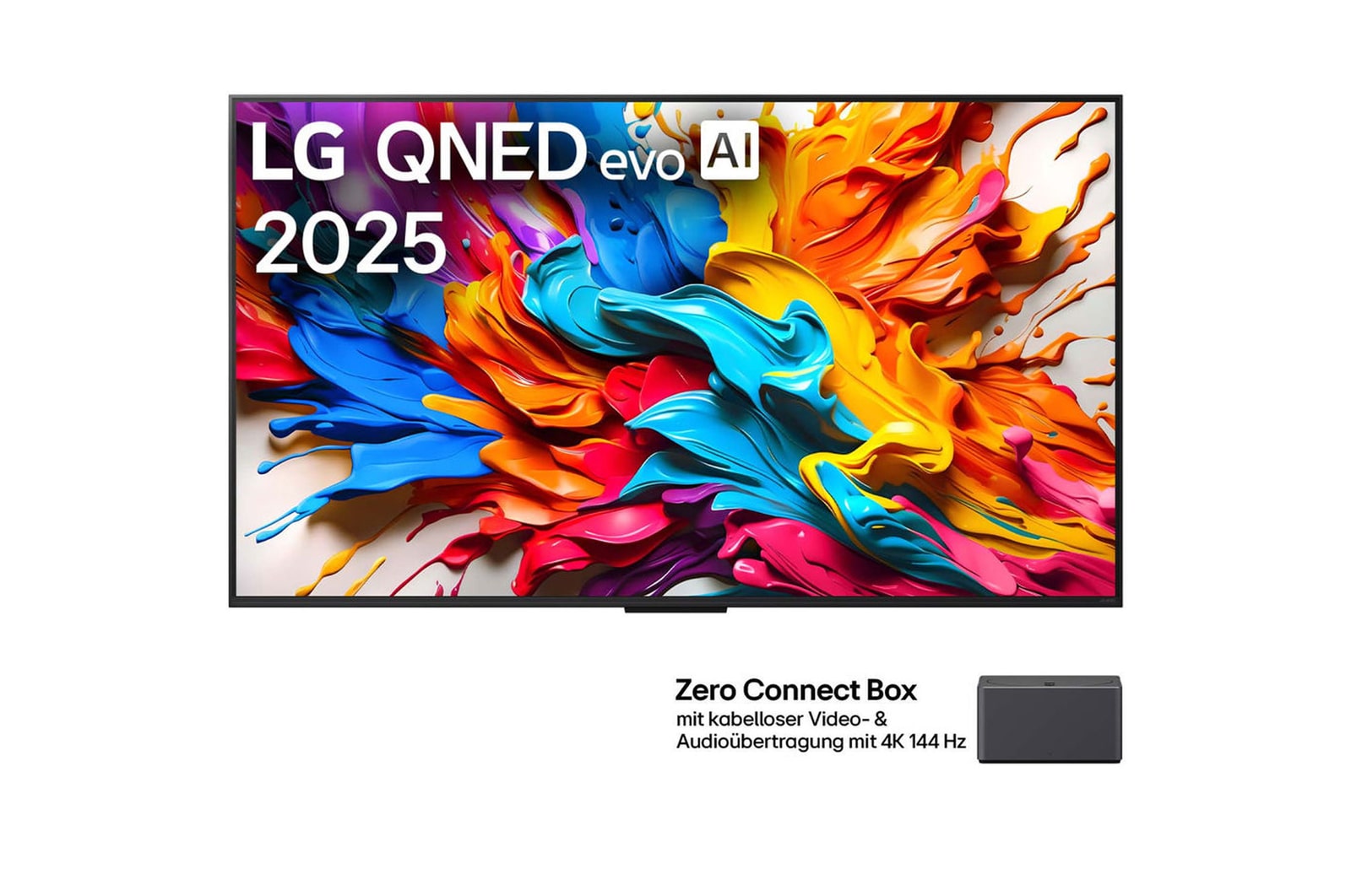 Ansicht der Vorderseite des LG QNED evo AI QNED9M TV. LG QNED evo AI-Logo in der oberen Ecke. LG QNED evo TV zeigt farbenfrohe, malerische Texturen, die zusammenkommen. Zero Connect Box in der Ecke mit dem Titel „Zero Connect Box mit drahtloser Video- und Audioübertragung in 4K mit 144Hz“.