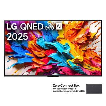 Ansicht der Vorderseite des LG QNED evo AI QNED9M TV. LG QNED evo AI-Logo in der oberen Ecke. LG QNED evo TV zeigt farbenfrohe, malerische Texturen, die zusammenkommen. Zero Connect Box in der Ecke mit dem Titel „Zero Connect Box mit drahtloser Video- und Audioübertragung in 4K mit 144Hz“.