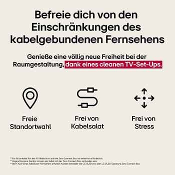 Drei Symbole, die die drei kostenlosen Vorteile von LG True Wireless TV darstellen. Ortsungebunden, übersichtlich, stressfrei. Der Text handelt davon, sich von den Grenzen des kabelgebundenen Fernsehens zu befreien und eine mühelose Einrichtung und einen sauberen, offenen Raum zu genießen.