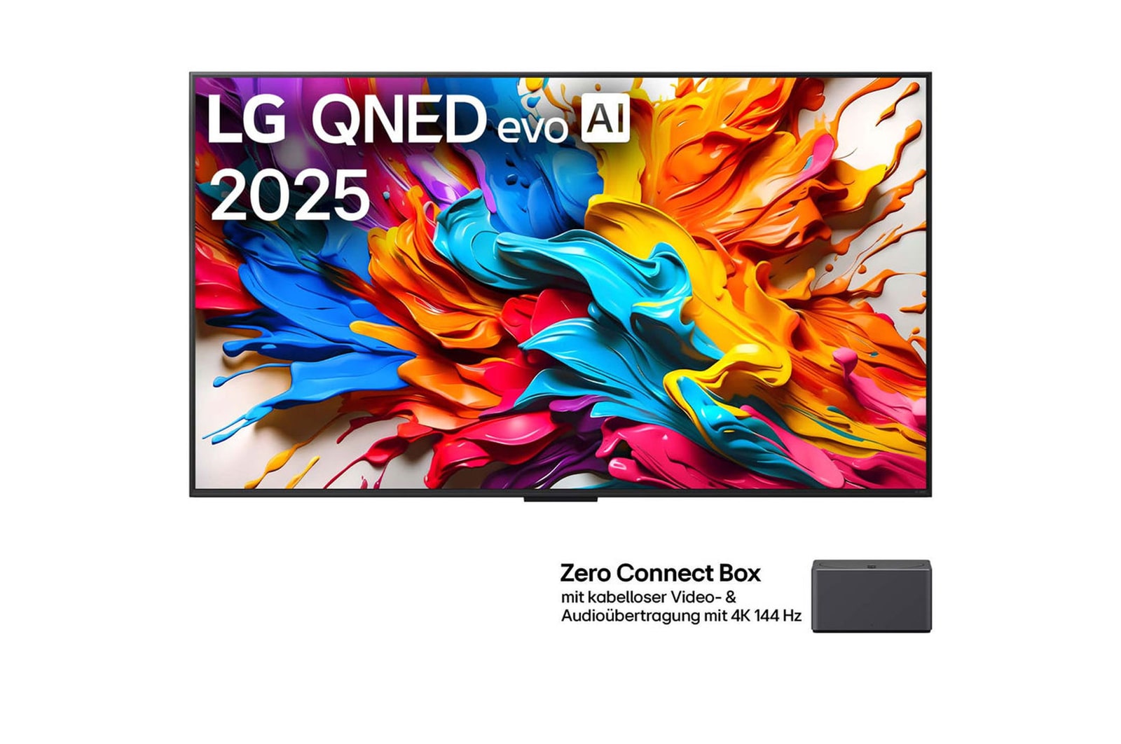 Ansicht der Vorderseite des LG QNED evo AI QNED9M TV. LG QNED evo AI-Logo in der oberen Ecke. LG QNED evo TV zeigt farbenfrohe, malerische Texturen, die zusammenkommen. Zero Connect Box in der Ecke mit dem Titel „Zero Connect Box mit drahtloser Video- und Audioübertragung in 4K mit 144Hz“.