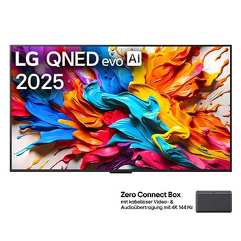 Ansicht der Vorderseite des LG QNED evo AI QNED9M TV. LG QNED evo AI-Logo in der oberen Ecke. LG QNED evo TV zeigt farbenfrohe, malerische Texturen, die zusammenkommen. Zero Connect Box in der Ecke mit dem Titel „Zero Connect Box mit drahtloser Video- und Audioübertragung in 4K mit 144Hz“.