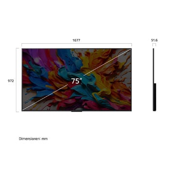 Frontansicht und Seitenansicht des LG QNED evo AI QNED9M 4K Smart TV mit den Abmessungen Länge, Breite, Höhe und Tiefe.