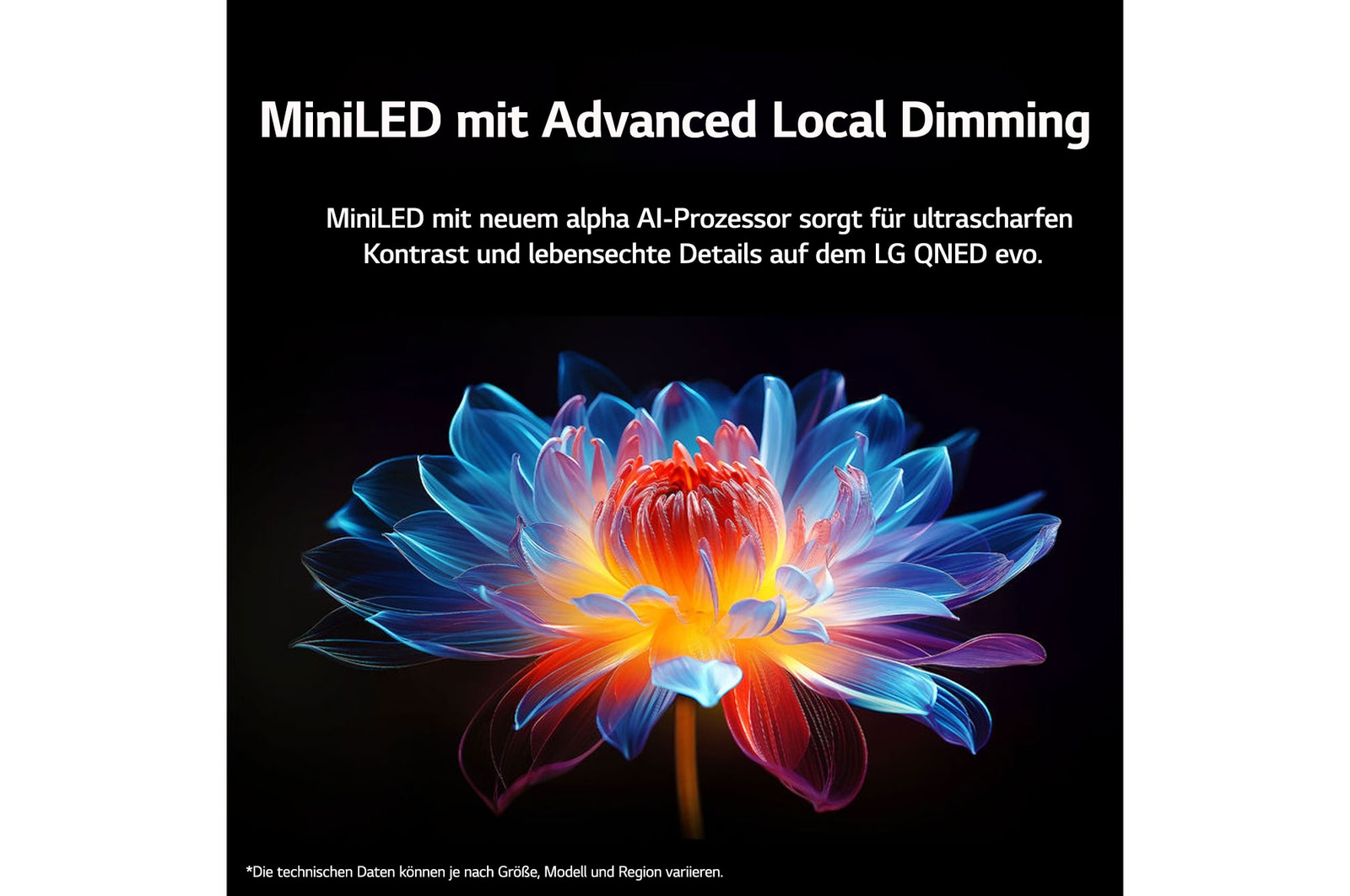 Holografische 3D-Blume in vielen verschiedenen Schattierungen und Farbtönen vor schwarzem Hintergrund. Die Schärfe und Detailgenauigkeit der Blume zeigt die Fähigkeit von QNED MiniLED, Bilder mit außergewöhnlicher Farbe und Helligkeit sowie einem hervorragenden Kontrast zu erzeugen. In der Überschrift geht es darum, wie MiniLED die Klarheit verbessert und einen außergewöhnlichen Kontrast bietet.