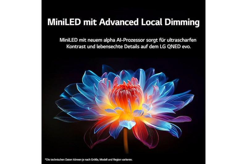 Holografische 3D-Blume in vielen verschiedenen Schattierungen und Farbtönen vor schwarzem Hintergrund. Die Schärfe und Detailgenauigkeit der Blume zeigt die Fähigkeit von QNED MiniLED, Bilder mit außergewöhnlicher Farbe und Helligkeit sowie einem hervorragenden Kontrast zu erzeugen. In der Überschrift geht es darum, wie MiniLED die Klarheit verbessert und einen außergewöhnlichen Kontrast bietet.