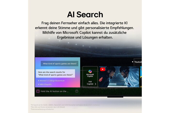 Auf einem LG TV-Bildschirm werden Science-Fiction-Inhalte abgespielt. Auf dem Bildschirm befindet sich die Benutzeroberfläche des AI Chatbots. Der Benutzer hat dem Chatbot mitgeteilt, dass der Bildschirm zu dunkel ist. Der Chatbot bot Lösungen für die Anfrage an. Die gesamte Szene ist in zwei Hälften geteilt. Die eine Seite ist dunkler, die andere Seite heller und zeigt, wie der AI Chatbot das Problem für den Nutzer automatisch gelöst hat. Der Text erklärt, dass der Al Chatbot die Absicht des Benutzers verstehen und Lösungen zur Fehlerbehebung anbieten kann.