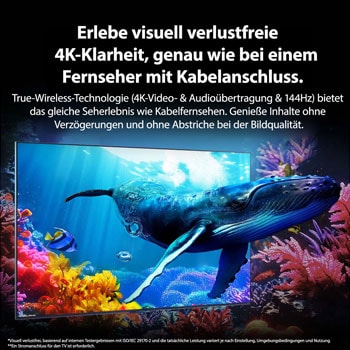 Ein Wal schwimmt durch ein QNED9M, das inmitten der Korallen im Ozean platziert ist, auf den Betrachter zu. Der Text handelt davon, wie beeindruckend Details in visuell verlustfreier 4K-Qualität sind.