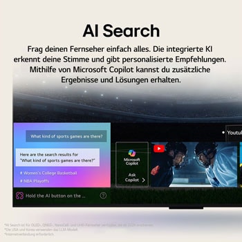 Auf einem LG TV-Bildschirm werden Science-Fiction-Inhalte abgespielt. Auf dem Bildschirm befindet sich die Benutzeroberfläche des AI Chatbots. Der Benutzer hat dem Chatbot mitgeteilt, dass der Bildschirm zu dunkel ist. Der Chatbot bot Lösungen für die Anfrage an. Die gesamte Szene ist in zwei Hälften geteilt. Die eine Seite ist dunkler, die andere Seite heller und zeigt, wie der AI Chatbot das Problem für den Nutzer automatisch gelöst hat. Der Text erklärt, dass der Al Chatbot die Absicht des Benutzers verstehen und Lösungen zur Fehlerbehebung anbieten kann.