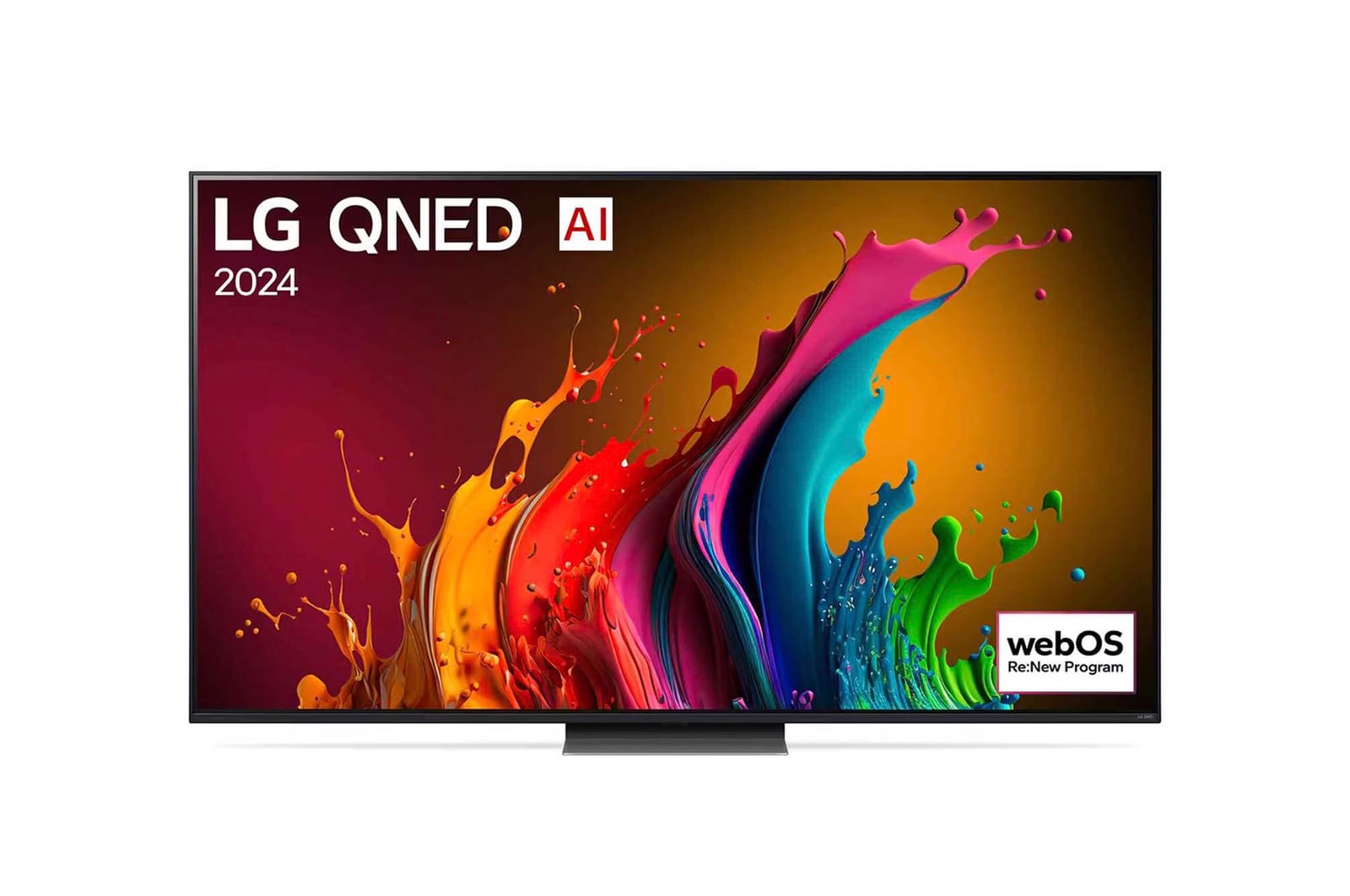 Vorderansicht des LG QNED87 AI 4K Smart Fernsehers (Modell 2024) mit lebendiger abstrakter Kunst und webOS Re:New Program-Logo.