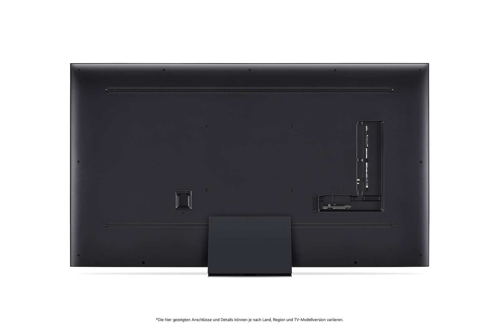 Rückansicht des LG QNED87 AI 4K Smart Fernsehers, zeigt das Design der Rückseite, die Standfußstruktur und den Bereich der Anschlüsse.