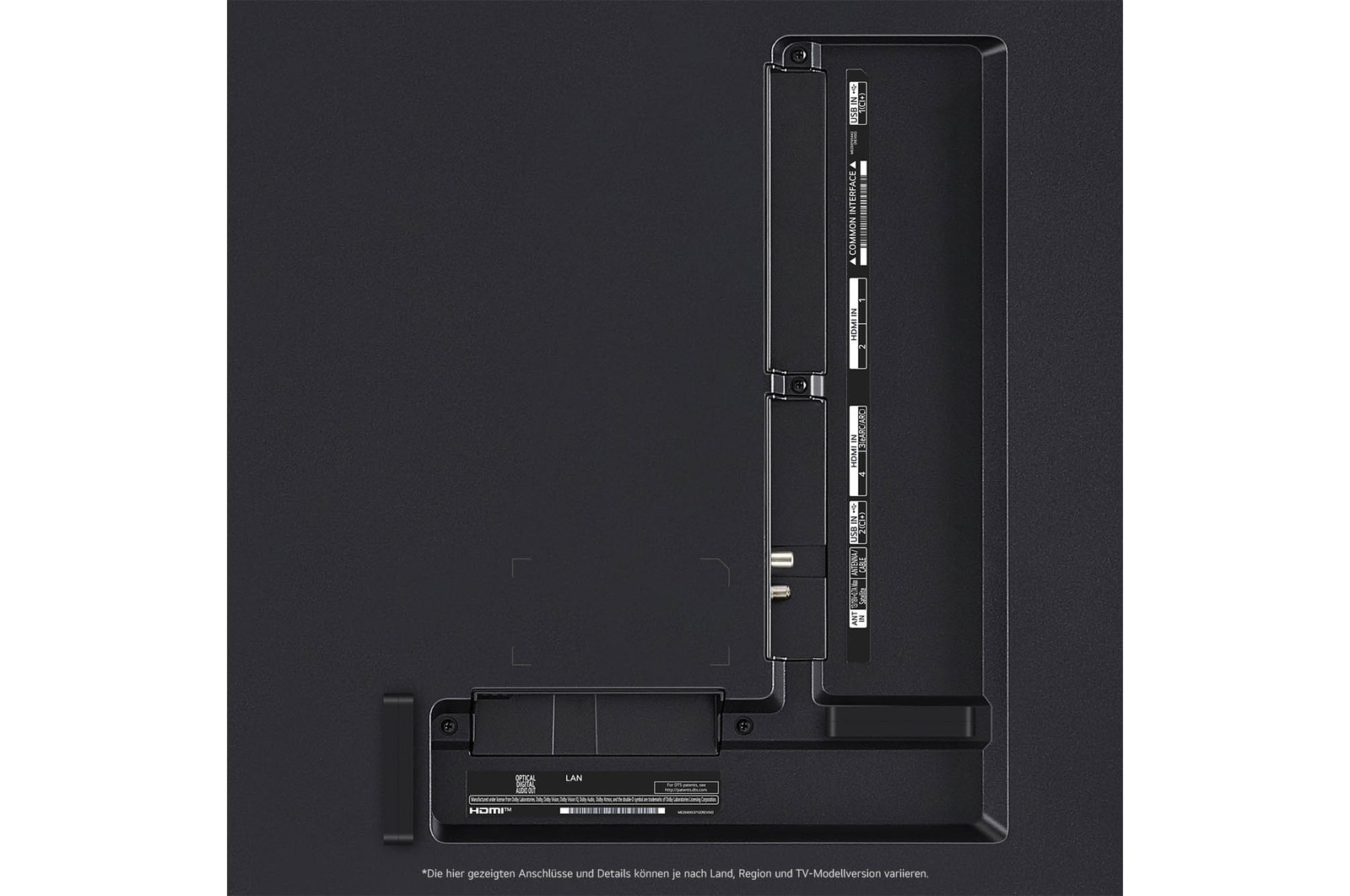 Nahaufnahme der Anschlüsse des LG QNED87 AI 4K Smart Fernsehers, einschließlich HDMI, USB, Antenne, CI-Slot und LAN.