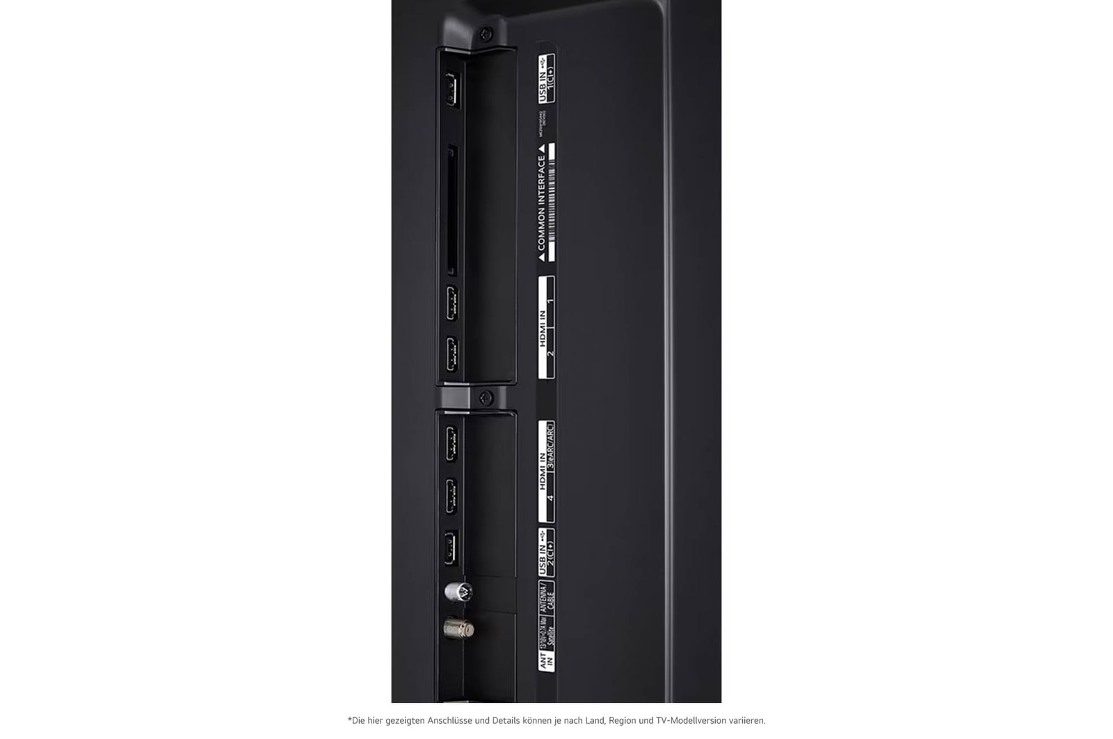 Detaillierte Nahaufnahme der seitlichen Anschlüsse des LG QNED87 AI 4K Smart Fernsehers, zeigt HDMI (eARC), USB und Antenneneingänge.