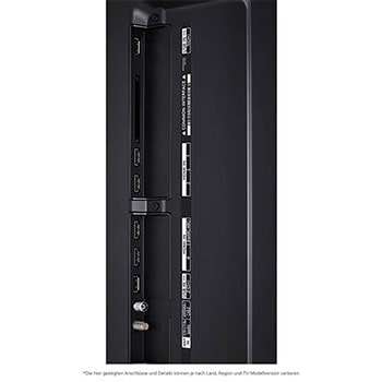 Detaillierte Nahaufnahme der seitlichen Anschlüsse des LG QNED87 AI 4K Smart Fernsehers, zeigt HDMI (eARC), USB und Antenneneingänge.