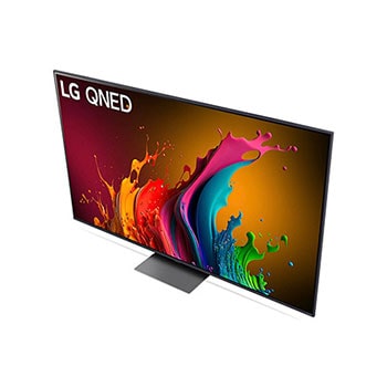 Ansicht des LG QNED87 AI 4K Smart Fernsehers aus hoher Perspektive, von oben auf Bildschirm und Standfuß blickend.