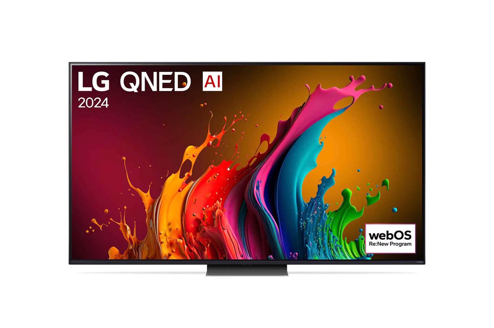 Vorderansicht des LG QNED87 AI 4K Smart Fernsehers (Modell 2024) mit lebendiger abstrakter Kunst und webOS Re:New Program-Logo.