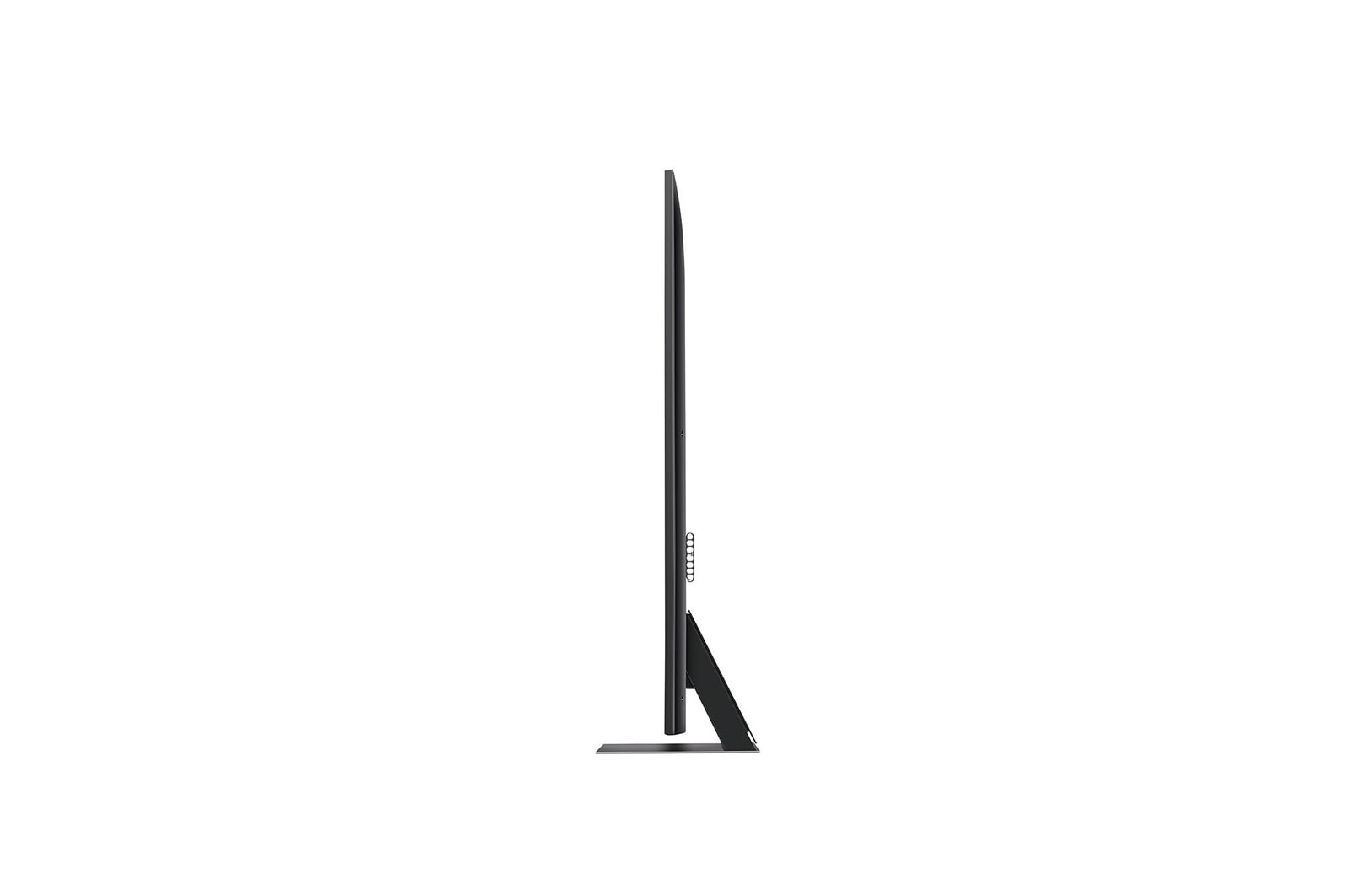Seitenprofilansicht des LG QNED87 AI 4K Smart Fernsehers, die sein schlankes Design und die Form des Standfußes hervorhebt.