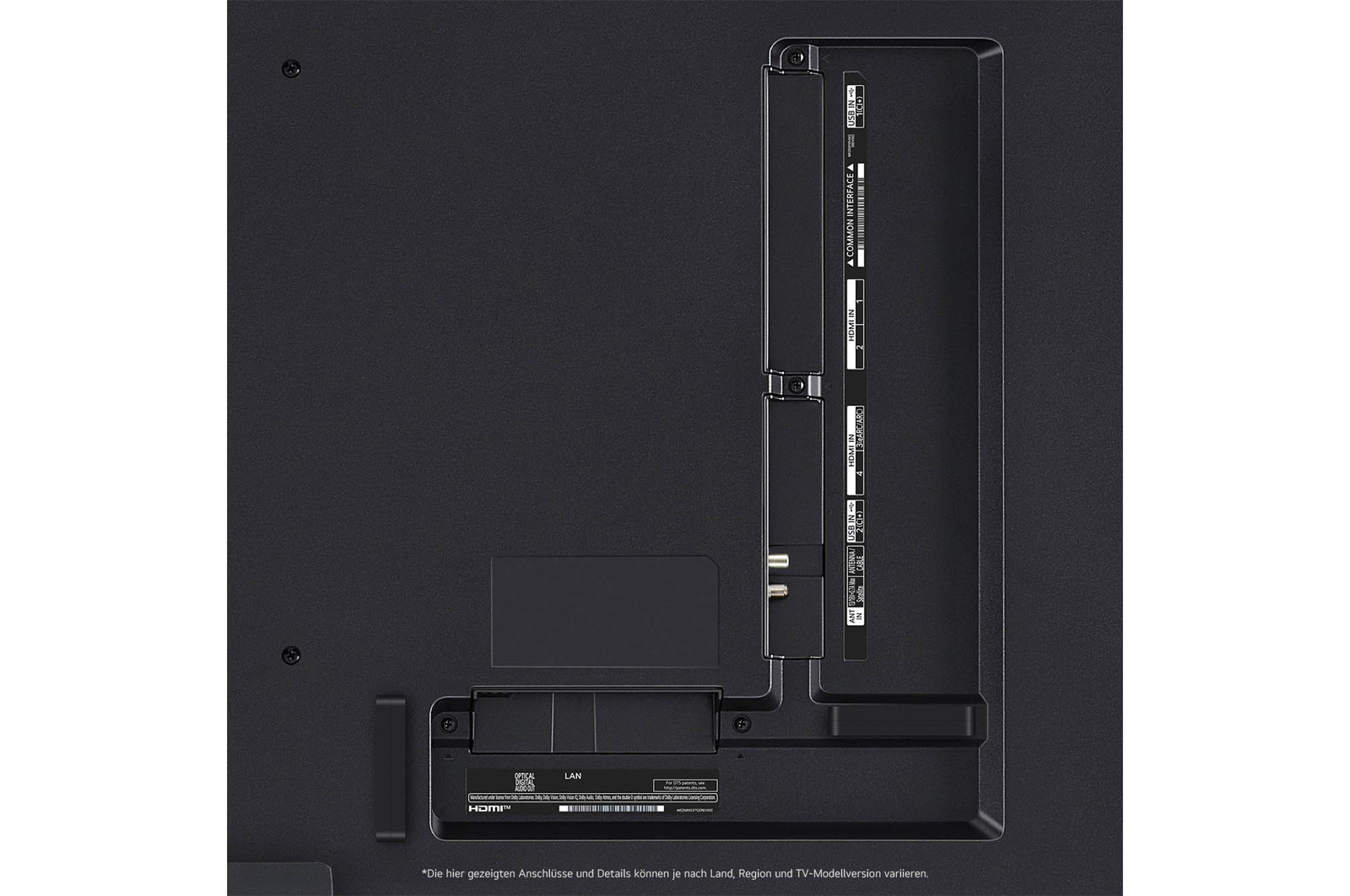 Nahaufnahme der Anschlüsse des LG QNED87 AI 4K Smart Fernsehers, einschließlich HDMI, USB, Antenne, CI-Slot und LAN.