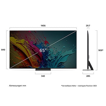 Abmessungen des 65-Zoll LG QNED87 AI 4K Smart Fernsehers, zeigt Breite, Höhe, Tiefe und Standfußmaße in mm.