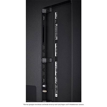 Detaillierte Nahaufnahme der seitlichen Anschlüsse des LG QNED87 AI 4K Smart Fernsehers, zeigt HDMI (eARC), USB und Antenneneingänge.