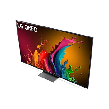 Ansicht des LG QNED87 AI 4K Smart Fernsehers aus hoher Perspektive, von oben auf Bildschirm und Standfuß blickend.