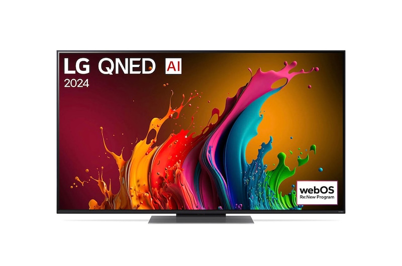 Vorderansicht des LG QNED87 AI 4K Smart Fernsehers (Modell 2024) mit lebendiger abstrakter Kunst und webOS Re:New Program-Logo.
