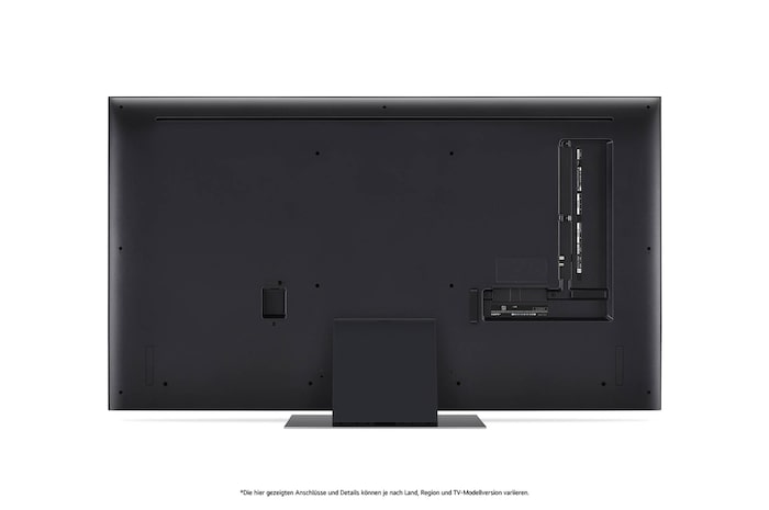 Rückansicht des LG QNED87 AI 4K Smart Fernsehers, zeigt das Design der Rückseite, die Standfußstruktur und den Bereich der Anschlüsse.