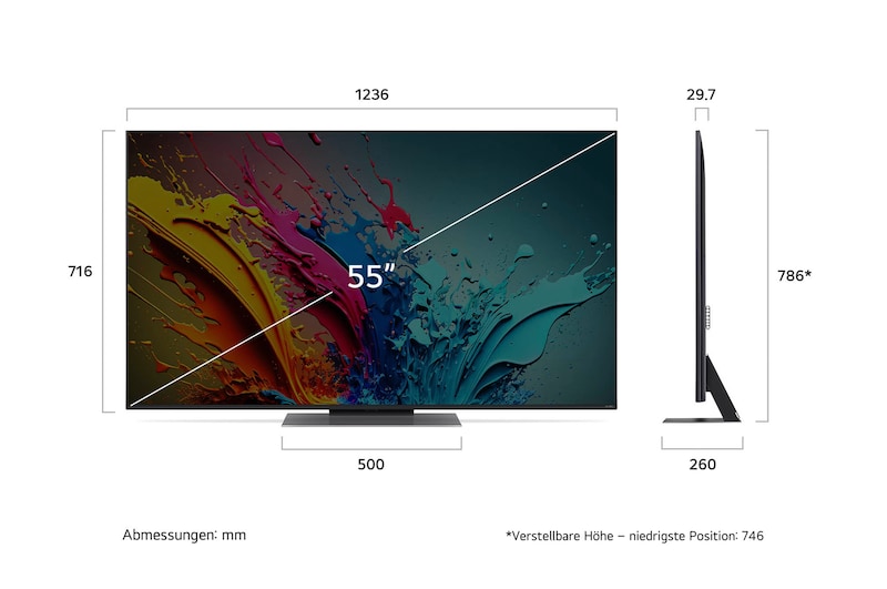 Abmessungen des 55-Zoll LG QNED87 AI 4K Smart Fernsehers, zeigt Breite, Höhe, Tiefe und Standfußmaße in mm.