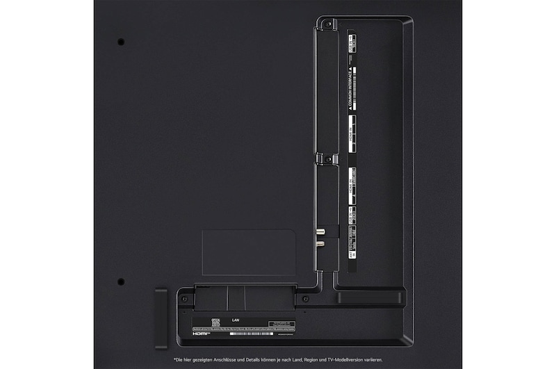 Nahaufnahme der Anschlüsse des LG QNED87 AI 4K Smart Fernsehers, einschließlich HDMI, USB, Antenne, CI-Slot und LAN.