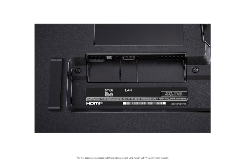 Nahaufnahme des optischen digitalen Audioausgangs und des LAN-Anschlusses auf der Rückseite des LG QNED87 AI 4K Smart Fernsehers.