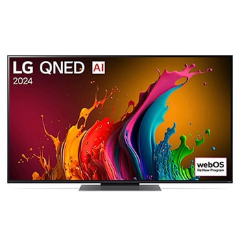 Vorderansicht des LG QNED87 AI 4K Smart Fernsehers (Modell 2024) mit lebendiger abstrakter Kunst und webOS Re:New Program-Logo.