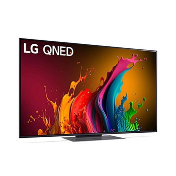 LG QNED87 AI 4K Smart Fernseher aus einer vorderen linken Perspektive, zeigt den Bildschirm mit lebendiger abstrakter Kunst.