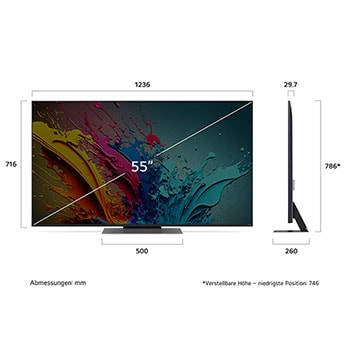 Abmessungen des 55-Zoll LG QNED87 AI 4K Smart Fernsehers, zeigt Breite, Höhe, Tiefe und Standfußmaße in mm.