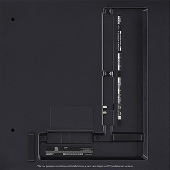 Nahaufnahme der Anschlüsse des LG QNED87 AI 4K Smart Fernsehers, einschließlich HDMI, USB, Antenne, CI-Slot und LAN.